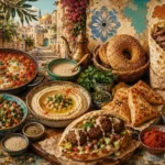 מנות מזרח תיכוניות כמו חומוס, פלאפל, שקשוקה ופיתה בגוונים אדמתיים עם נגיעות אדומות וירוקות