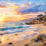 שקיעה ריאליסטית מעל חוף ים עם גלים צבעוניים. צבעי כתום, ורוד וכחול שולטים.