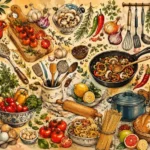 איור של כלי מטבח ומרכיבים כמו עגבניות ועשבי תיבול בצבעים אדום, ירוק וחום