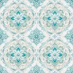 דוגמת מנדלה פרחונית בצבעי תכלת, לבן ובז' בהיר, עם פרטים מורכבים וסימטריים