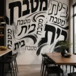 טפט קליגרפיה עברית על קיר בסלון עם כורסה אפורה ותאורה חמימה.