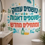 מדבקת צבע עם עיצוב ראש מקלחת וטיפות מים על קיר בחדר ילדים עם מדף צעצועים ושולחן כתיבה קטן.