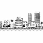 סקיצה מינימליסטית של קו רקיע תל אביבי בשחור ולבן, עם קווים חדים ומגדלים מפורסמים.