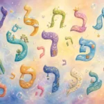 טפט אותיות עבריות בצבעי פסטל עם כוכבים, עננים ופרחים