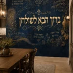 טפט קליגרפיה עברית עם עיטורים פרחוניים על קיר בסלון עם ספה נוחה וצבעים חמים