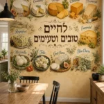 טפט גבינות על קיר בסלון עם ספה כחולה ושולחן עץ כהה, תאורה טבעית חודרת מהחלון.