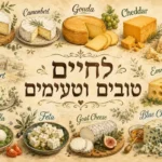 איור וינטג' של גבינות שונות בצבעי שמנת וחום, כולל ברי וגאודה