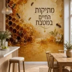 טפט דבורים סביב כוורת מטפטפת על קיר בחדר ילדים עם רהיטים לבנים ותאורה חמה.