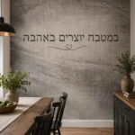 טפט טקסט עברי עם לב על קיר בחדר ילדים עם מיטת עץ ומשחקים על הרצפה.
