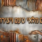 טקסט עברי מתכתי על רקע עם חלודה ופטינה בצבעים של כסף ונחושת.