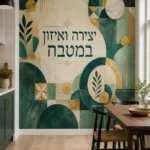 טפט עם צורות גיאומטריות ועלים על קיר בסלון, עם ספה אפורה וכריות צבעוניות.