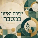 עיצוב עלים וצורות גיאומטריות בצבעי תכלת, זהב ושמנת עם קווים מעוגלים וישרים