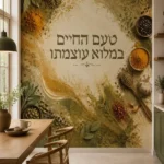 טפט עם עשבי תיבול ותבלינים על קיר בסלון עם ספת עור חומה וכורסה ירוקה.