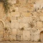 אבן מחוספסת עם שתי קשתות וצמחייה ירוקה, בצבעי בז' ושזוף
