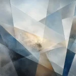 טפט עם צורות גיאומטריות חופפות בגווני כחול, אפור ובז', עם מרקם עשיר ומודרני