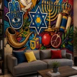 טפט עם מגן דוד, מנורה, מגילת תורה, יונה, חמסה, שופר, סביבון ורימון בצבעים כחול, צהוב, אדום וזהב