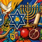 טפט עם מגן דוד, מנורה, מגילת תורה, יונה, חמסה, שופר, סביבון ורימון בצבעים כחול, צהוב, אדום וזהב
