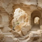 הריסות אבן עתיקות עם קשתות ועמודים בגווני בז' וחום בהיר, בסגנון ריאליסטי.