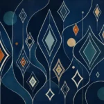 צורות גאומטריות מחוברות כמו יהלומים ועיגולים על רקע כחול כהה, עם צבעים כחול, כתום ובז'.