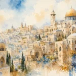 מבנים כיפתיים ומגדלים בצבעי בז', כחול וזהב בסגנון צבעי מים