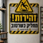 מדבקת שלט אזהרה זהירות רצפה רטובה על קיר בחדר ילדים עם צעצועים צבעוניים מסביב.