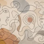 קווים שחורים מציירים פנים וצורות על רקע בגווני בז', כחול וטרה-קוטה.