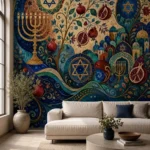 טפט עם סמלים יהודיים ורימונים בחדר משפחה עם ספה כחולה ושולחן עץ