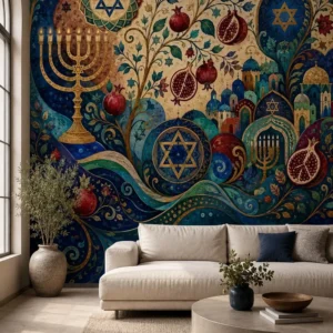 מוטיבים יהודיים ורימונים בטפט צבעוני