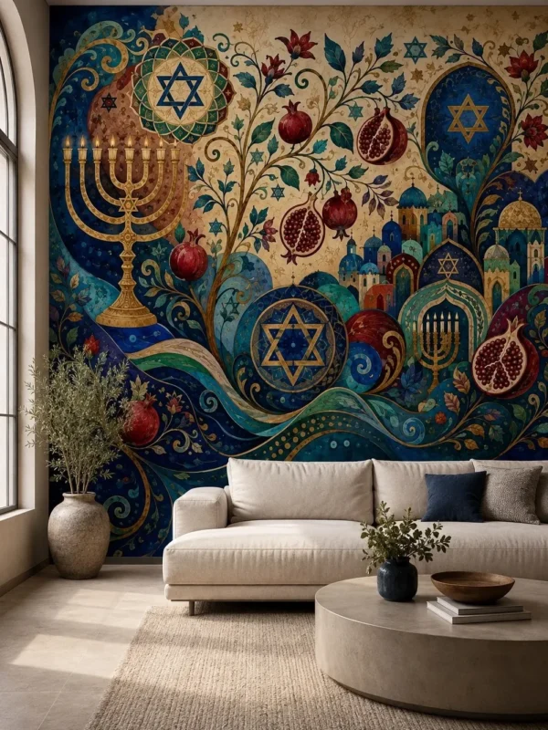 מוטיבים יהודיים ורימונים בטפט צבעוני