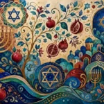 עיצוב טפט עם מנורה, מגן דוד, רימונים ומוטיבים פרחוניים בצבעי כחול, זהב ואדום.