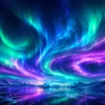 הזוהר הצפוני בצבעים ירוק, כחול וסגול מעל הרים מושלגים עם השתקפות במים