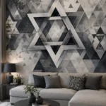 טפט כוכב גיאומטרי על קיר בחדר מגורים עם ספה אפורה ותאורה חמימה