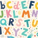 סידור אותיות אלפבית בצבעים מגוונים עם דוגמאות פסים ונקודות על רקע בהיר