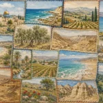 קולאז' נופים עם חופים כחולים, מדבריות ושדות ירוקים, בצבעים כחול, ירוק ובז'.