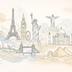 איורים בקווים נקיים של מגדל אייפל, פסל החירות וטאג' מאהל בצבעי בז' ותכלת.