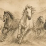 חמישה סוסים דוהרים בסגנון סקיצה עיפרון בגווני ספיה