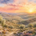 שקיעה מעל גבעות מתגלגלות עם עצי זית, צבעים כתומים, ורודים וסגולים
