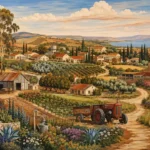 סצנה כפרית עם חווה, טרקטור אדום בשדות ירוקים ומבנים בסגנון ריאליסטי