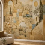 טפט נוף עיר עתיקה עם כיפה מוזהבת על קיר בסלון עם ספה כחולה ושולחן עץ בהיר