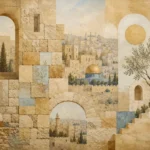 עיר עתיקה עם כיפה זהובה, מבנים מאבן, גווני בז', זהב וכחול בסגנון קלאסי