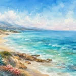 נוף חוף בצבעי מים עם חול זהוב, צוקים וגלי אוקיינוס בגווני כחול וירוק עשיר