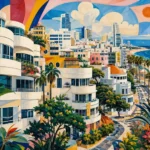 עיר חוף מודרנית עם מבנים עגולים וצבעים כחול, צהוב וורוד, צמחייה ירוקה