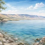 טפט של אגם כחול מוקף בחופים סלעיים והרים רחוקים תחת שמים חלקית מעוננים, בגווני כחול, ירוק ואדמה.
