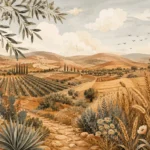 נוף טוסקני עם גבעות ירוקות, כרמים ועצי ברוש בגוונים חומים, ירוקים וכחולים