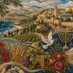 טפט עם נוף ים תיכוני, כרמים ועיר עם כיפה זהובה, בסגנון מוזאיקה עם יונה, מנורה ופירות