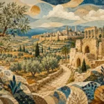 עיר עתיקה עם חורבות אבן ועצי זית, בצבעים חומים, כחולים וירוקים, בסגנון פסיפס.