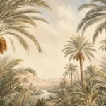 עצי דקל גבוהים עם נהר מרוחק, גוונים של ירוק, חום ובז'