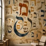 טפט אותיות עבריות בסגנון וינטג' על קיר בחדר ילדים עם מיטה לבנה וצעצועים צבעוניים על הרצפה.