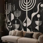 טפט עם עיצוב גיאומטרי של חנוכיות ונרות בצבעי שחור ולבן על קיר בסלון עם כורסאות נוחות ושולחן קפה.