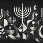 חנוכיות ונרות בעיצוב גיאומטרי בשחור ולבן, קווים וצורות חדים